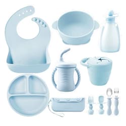 PandaEar Silicone Baby Feeding Set | 11PCS Baby Led Weaning Supplies Self Feeding Utensils | Divided Suction Plate Bowl Bibs Sippy Cup with Baby Food Pouch Snack Container Spoons Forks, Blue