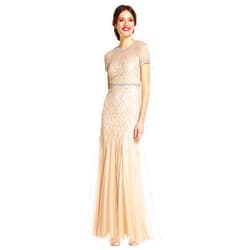 Adrianna Papell Women's Short-Sleeve Grid Beaded Gown
