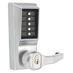 Simplex Kaba Simplex L1000 Series Metal Mechanical Pushbutton Cylindrical Lock with Lever, Combination Entry, Key Override and Passage, 13mm Throw Latch, Floating Face Plate, 70mm Backset, R/C Medeco/ASSA/Yale/Abloy (5 or 6 Pin Length), Core Not Included, Satin Chrome Finish, Left Hand