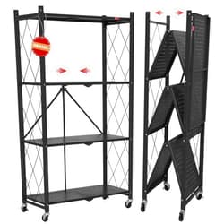 DEANIC 4 Tier Foldable Storage Shelves with Wheels, Large Capacity Shelving Unit, Freestanding Metal Wire Shelf Rack, No Assembly Organizer Rack for Garage Kitchen, Basement, Pantry(Black)