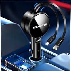 SEANCHEER Retractable Car Charger for iPhone and Android Fast Charging, Car Charger with Retractable Cords(2.6Ft), USB-C Ports,Compatible with iphone15/ Pro Max 14/ Pro Max/13/12/11/iPad/Galaxy