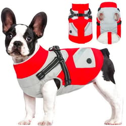 FUAMEY Dog Jackets-Dog Coat with Harness Built in-Waterproof Dog Jacket-Dog Winter Coat with Zipper On Back-Snowsuit Pet Clothes Poop Bag Pockets-Reflective Dog Vest for Large Dogs Red L