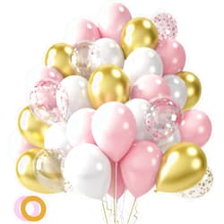 LovesTown 60PCS Pink Balloons, 12 Inches White Gold Confetti Latex Balloons with Ribbon Thicken for Girls Engagement Birthday Wedding Baby Shower Anniversary Decorations