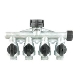 Gilmour Heavy Duty 4 Way Garden Hose Splitter, Quad Water Hose Splitter with Shut Off Valve, Metal Water Manifold