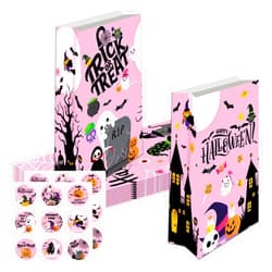 HEYPOMAX Halloween Candy Snack Paper Bags & Seals Combo Set, 12 Bags 18 Stickers, Pink Cute Whimsical Designs for Party Fun