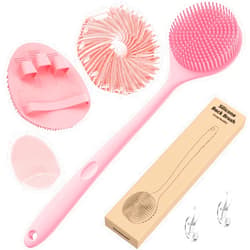 Manmihealth Silicone Back Scrubber & Soft Bath Glove Set 4 PCS(Thin Bristles), Super-Exfoliating Body Scrubber & Super-Lathering Shower Face Brush Combination, with 2 Free Hooks (Pink)