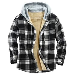 Derbars Men's Cotton Plaid Shirts Jacket Fleece Lined Flannel Shirts Sherpa Button Down Jackets with Hood for Men