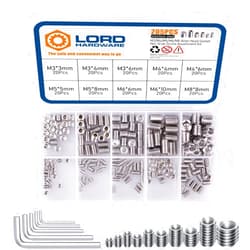 LordHardware 200Pcs Allen Head Socket Hex Set Screw Bolts Assortment Grub Screws Kit Metric M3 M4 M5 M6 M8 w/Internal Hex Drive, Stainless Steel