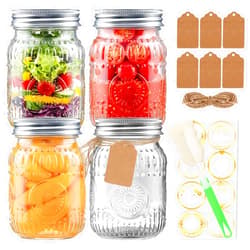 STARSIDE 16oz Mason Jars with Airtight Rust-Proof 304 Stainless Steel Lids and Bands, 4 Pack with Elegant Sunflower Embossing, Pint Glass Jars for Meal Prep, Pickling, Overnight Oats, Dry Food & DIY Crafts