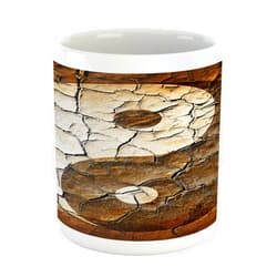 Lunarable Ying Yang Mug, Picture of Yin Yang Sign Painted on Cracked Earth Soil Art Graphic Design, Printed Ceramic Coffee Mug Water Tea Drinks Cup, Beige Brown