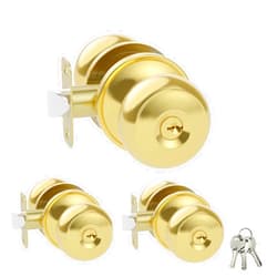 Amerdeco 3 Pack Gold Keyed Entry Door Knob with Lock, Interior and Exterior Door Lock, Round Ball Knob