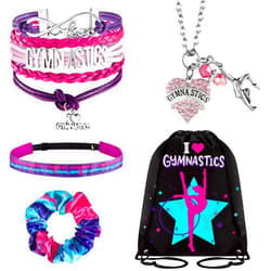 Dunzy 5 Pcs Gymnastics Gifts for Girls Kids Gymnastics Stuff Drawstring Bag Headband Girls Bracelet Necklace Scrunchies Gymnast Party Favors for Youth Boys Kids