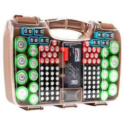 THE BATTERY ORGANISER Storage Case with Tester, Clear Battery Holder for 180 Batteries of Various Sizes, Cocoa