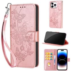 KENHONER Designed for iPhone 14 Pro Case Wallet,Women Flip Folio Cover with Embossed PU Leather Stand Credit Card Holders Slots Wrist Strap Phone Case for iPhone 14 Pro 6.1 Inch (Rose Gold Butterfly)