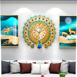 EURSON Large Peacock Wall Clock 27.6 inch Metal Design Non-Ticking Silent Art Digital Wall Clocks for Living Room Decor