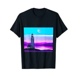 Ali Cat Originals Lighthouse Shining a Light Below a Moon T-Shirt
