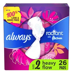 Always Radiant Feminine Pads For Women, Size 2 Heavy Flow Absorbency, With Flexfoam, With Wings, Scented, 26 Count