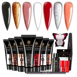 Saviland Poly Nail Gel Kit 7 Colors Glitter Red Nudes Poly Nail Extension Gel Kit Builder Nail Gel Poly Gel Nail Enhancement Manicure Kit for Professional and Starter
