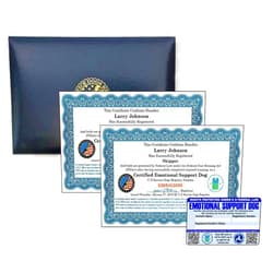 Just 4 Paws Official Certified Emotional Support Dog Certificates & Leather Presentation Folder, Customized Set of 2 Certificates Includes Handler/Dog Info PVC Card-with Raised Embossed Gold Seal