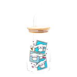 Silver Buffalo Sanrio Hello Kitty and Friends Cinnamoroll Polaroids Glass Jar Tumbler with Bamboo Lid and Glass Straw, 16 Ounces