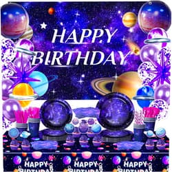 Miraitowa Space Galaxy Birthday Party Decoration, Galaxy Party Tableware Supplies Includes Outer Space Backdrop Plates Napkins Cups Tablecloth Balloons Outer Space Planets for Kids Boys, Serves 20