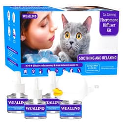WEALLIN Cat Pheromones Calming Diffuser - Cat Calming Diffuser Kit Relieve Anxiety & Stress - 5-in-1 Cat Pheromone Diffuser Kit with 1 Diffuser + 4 Refill 48ml Vial-120 Days of Comfort and Relaxation