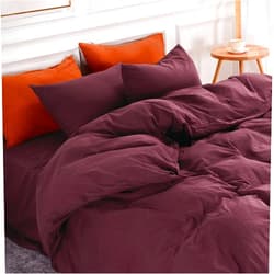 NEXHOME PRO Duvet Cover Set Queen Size Linen Look Textured 100% Washed Cotton Duvet Cover Burgundy Dark Red 3 Pieces Bedding Set with Zipper Closure,Breathable, Soft Organic Natural(No Comforter)