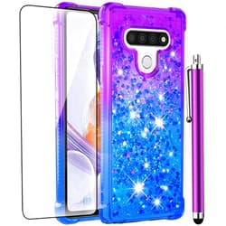 CAIYUNL Phone Case for LG Stylo 6 with Tempered Glass Screen Protector,LG K71 Stylus Glitter Bling Floating Liquid Sparkle Quicksand Women Girls Soft TPU Shockproof Cover for LG Stylo 6 -Purple/Blue