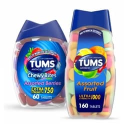 TUMS Antacid Chewable Tablets for Heartburn Relief 160ct, Ultra Strength, Assorted Fruit and TUMS Chewy Bites Assorted Berries Antacid Hard Shell Chews for Heartburn Relief, 60 Count Assorted Fruit + Assorted Berries