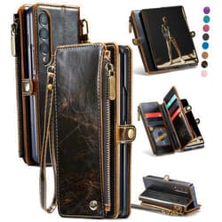 Defencase Wallet Case Compatible with Samsung Galaxy Z Fold 3 with RFID Blocking Card Holder & S Pen Holder Slot PU Leather Magnetic Snap Flip Zipper Strap Phone Case Fit for Galaxy Z Fold 3, Coffee
