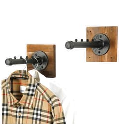 MyGift Wall Mounted Garment Hooks, Industrial Style Black Metal Pipe Valet Bar with 4 Separator and Burnt Wood Backing, Clothing Hanger Wall Rack, Set of 2