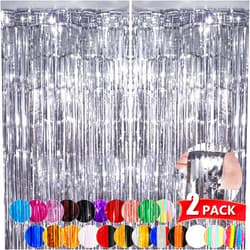 NUWDHP Silver Metallic Tinsel Foil Fringe Curtains, 2 Pack 3.3x8.3 Feet Party Streamer Curtains for Birthday Party Decorations, Halloween Decor, Foil Curtain Backdrop for Bachelorette Party