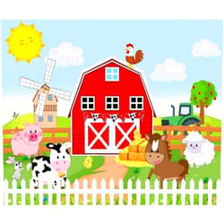 ZJRBJB 10x8ft Barn Farm Backdrop Rustic Cartoon Red Wood House Animals Haystack Decorations Background Spring Western Cowboy Cows Pigs Sheep Kids Birthday Party Banner Photo Booth