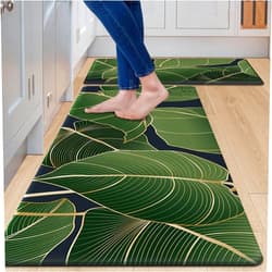 Opulentix Green Kitchen Rugs Non Slip Tropical Cushioned Kitchen Floor Mat Sets of 2, Abstract Exotic Leaves Botanical Banner Plant Waterproof Padded Comfort Standing Kitchen Mats for Floor, Sink, Office House