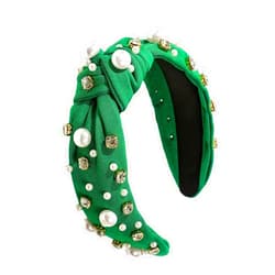VNIHTT Green Headband -Pearl Headbands,Green Knotted Headband Stylish Hair Accessories for Women, For Christmas Day St. Patrick's Day Special Occasions(White Pearl)