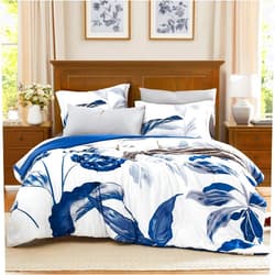 WRENSONGE Queen Comforter Set, 7 Pieces Blue Floral Comforter Set with Sheets for Queen Size Bed, Leaf Pattern Queen Bedding Set, Soft Lightweight Breathable Microfiber Bed in a Bag for All Seasons