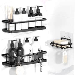 YASONIC Shower Caddy Adhesive, No Drill Bathroom Shower Organizers, with Removable Hooks and Soap Holder, Rust Proof Shower Shelves, Wall-Mounted Shower Holder, 3 Pack, Black