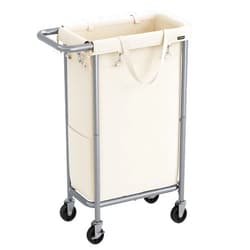 SONGMICS Laundry Basket with Wheels, Rolling Laundry Hamper, 23.8 Gallons (90L), Removable Liner, Steel Frame with Handle, Blanket Storage, 24 x 11.4 x 31.9 Inches, Cream White URLS003W01