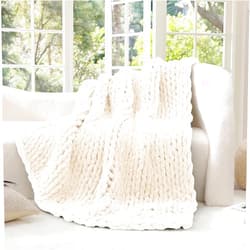 WRENSONGE Chunky Knit Blanket, Ivory Large Chunky Knit Throw Blanket for Couch, Bed, 100% Hand Chenille Knitted Throw Blanket, Soft Fluffy Cable Knit Crochet Blanket, 40