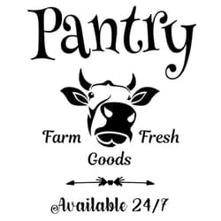 Imagnt Studio Pantry Farm Fresh Goods 24/7 Cow Vinyl Decal/Sticker/Mural - Pantry Door Decal - Pantry Sign - Vinyl Wall Art Decal - Kitchen Door Décor (Black, 15x18 inches)