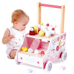 labebe Wooden Baby Walker, Push Activity Walker for Kids 12M+, Multifunctional Ice Cream Cart Activity, Adjustable Speed Learning Walking with Wheels, Birthday Gift for Girls Boys Ages 1-3 (Pink)