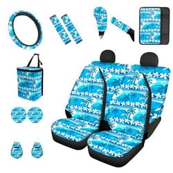 Forchrinse Hawaiian Palm Tree Plumeria Sea Ocean Car Seat Covers Full Set,15Pack Auto Accessories Set-Front Back Seat Protector Steering Wheel Cover Seatbelt Pads Handbrake Gearshift Cover Garbage Can