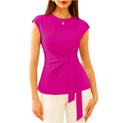 GRACE KARIN Womens Cap Sleeve Tops Summer Tie Waist Crew Neck Elegant Blouse Dressy Casual Solid Color Shirts