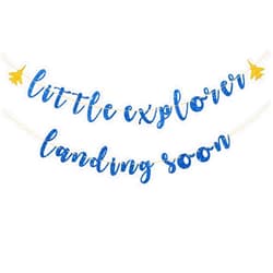 Kaakswa Little Explorer Landing Soon Banner, Travel Baby Shower/Gender Reveal Party/1st Birthday Party Decorations, Adventure Themed Baby Shower Party Supplies, Blue Glitter