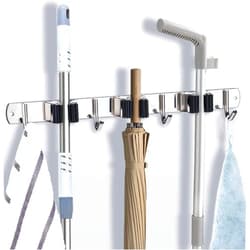 ANDERZS Broom Holder Wall Mount，Latest Upgrade Stainless Steel Holder Wall Mounted Heavy Duty Broom Mop Hanger， for Kitchen Bathroom Garage Organizer Closet Office and Garden,White