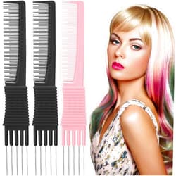 Leinuosen 3 Pack Teasing Combs with Metal Prong, Salon Back Combs with Stainless Steel Lift (Black, Pink)