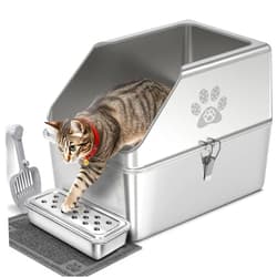 KPWACD Enclosed Stainless Steel Cat Litter Box with Lid, XL Extra Large Non-Stick Metal Litter Pan for Big Cats, High-Sided Kitten Toilet Enclosure, Non-Stick, Anti-Leakage, Easy Cleaning