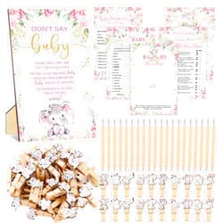 Patelai 321 Pcs Baby Shower Games Supplies, 5 Sets (50 Cards Each) Activities Cards with 20 Pencils 1 Don't Say Baby Sign 50 Clothespin(Pink Elephant)