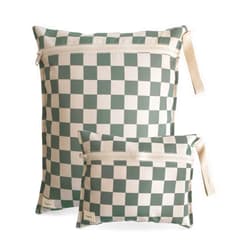 mushie Water Resistant Wet Bags | Large & Small Reusable Storage Bag for Baby Items and Travel | Zippered Pockets with Handle | Machine Washable, Set of 2 (Olive Check)