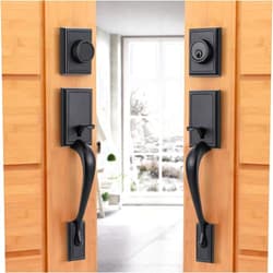 Natsukage Front Door Handle Set Heavy Duty Double Door Lock Set Matte Black Double Door Handle Set with Dummy, with Single Cylinder Deadbolt and Lever Handle, Reversible for Right & Left Handed Doors